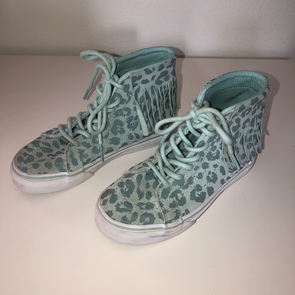 Aqua Cheetah Print Vans Hightops with Fringe